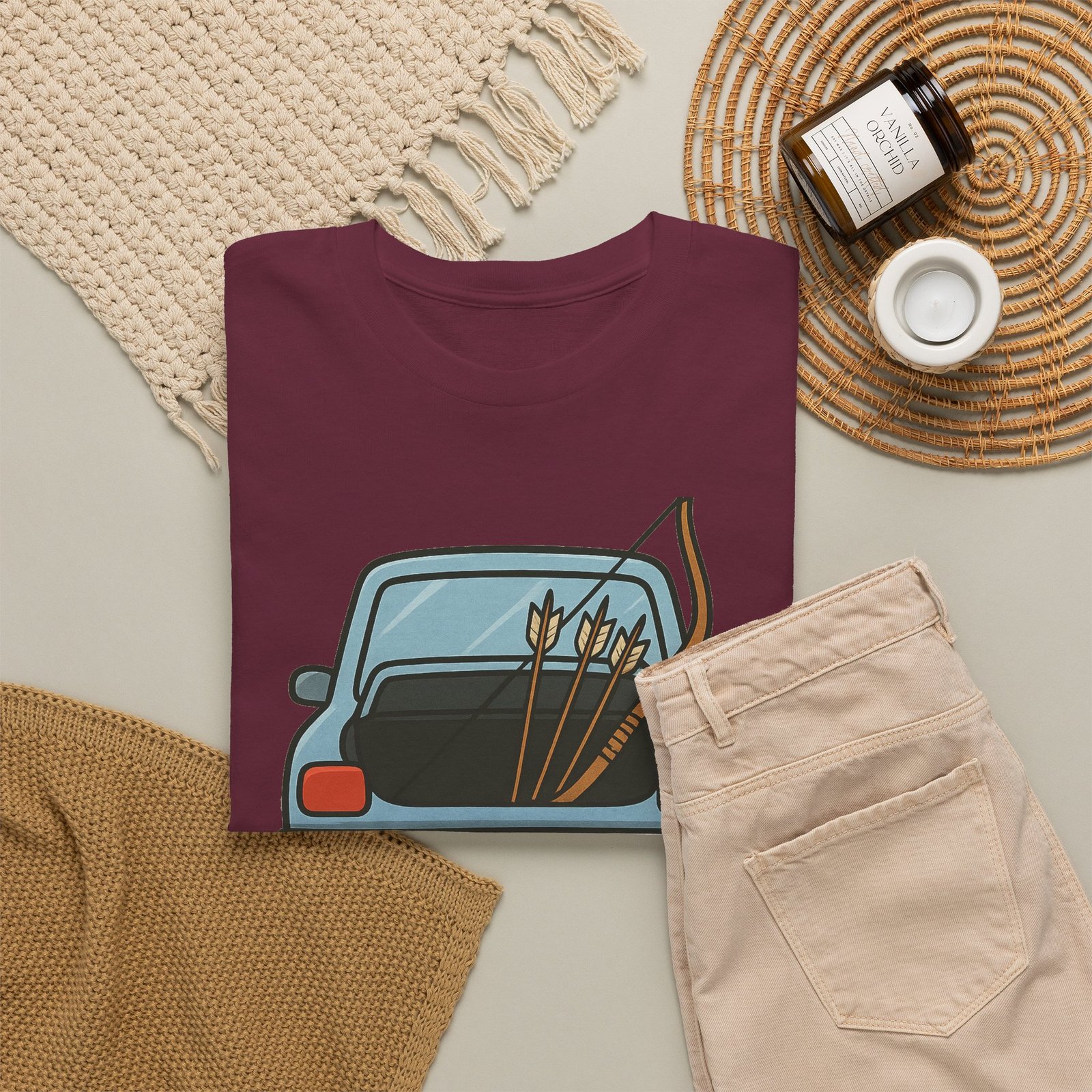 Archery car T-shirt with retro hatchback, bow and arrows graphic ā product image 9