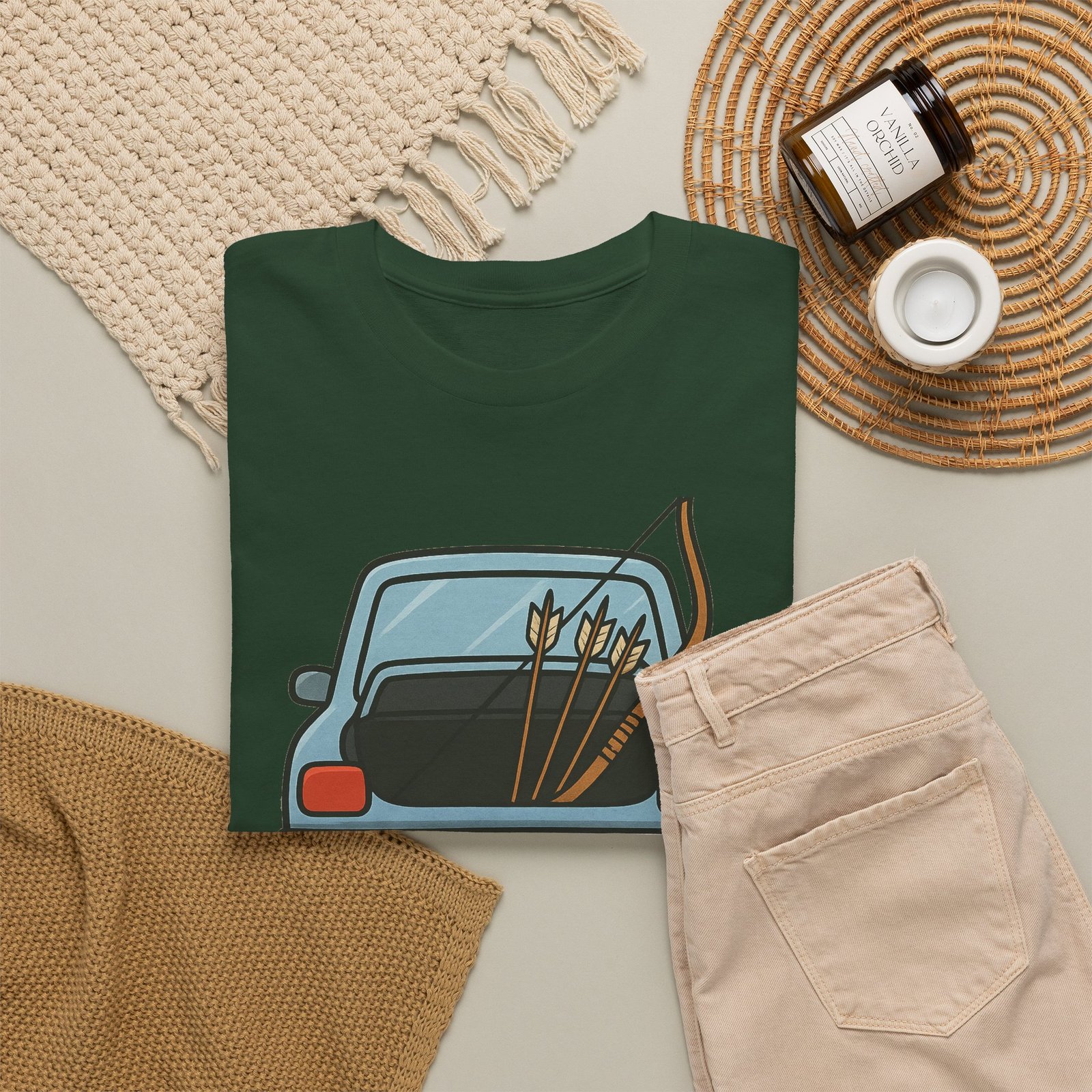 Archery car T-shirt with retro hatchback, bow and arrows graphic ā product image 17