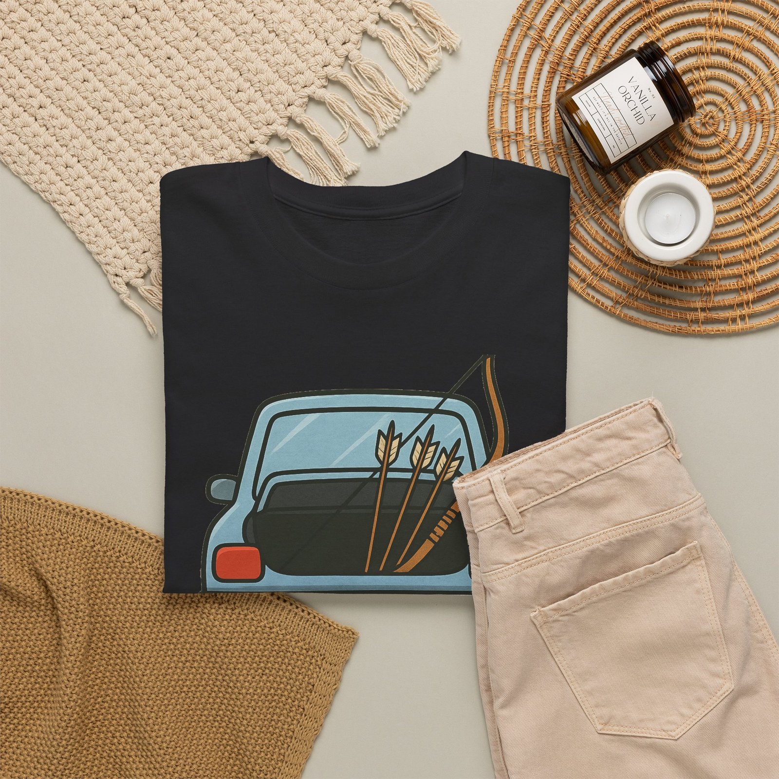 Archery car T-shirt with retro hatchback, bow and arrows graphic ā product image 4