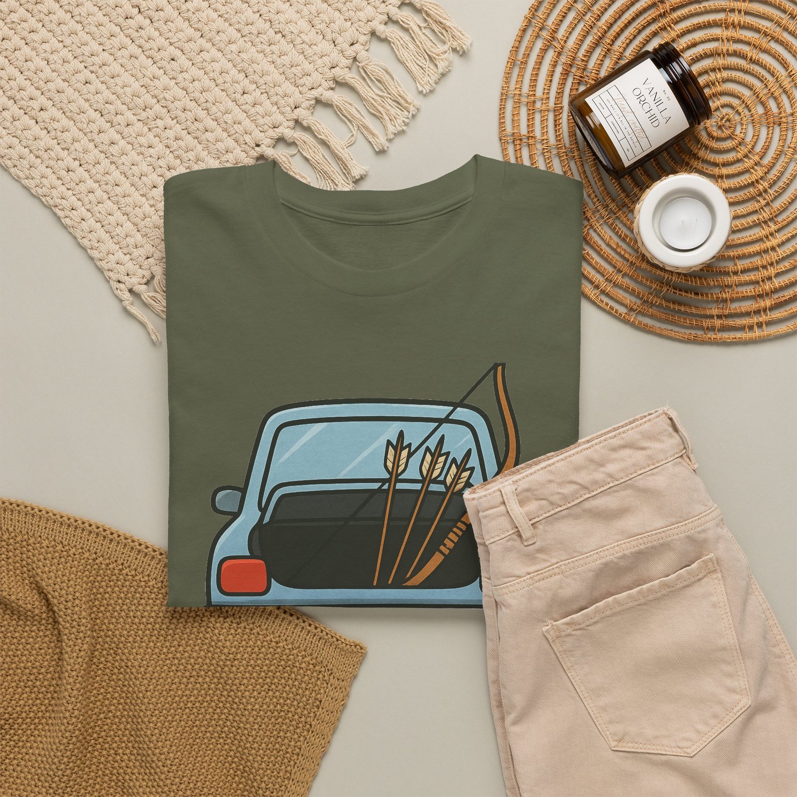 Archery car T-shirt with retro hatchback, bow and arrows graphic ā product image 13