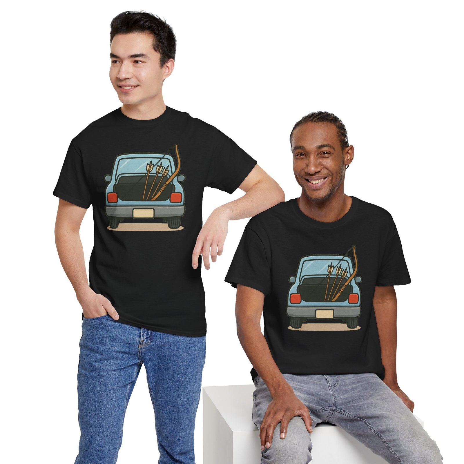 Archery car T-shirt with retro hatchback, bow and arrows graphic ā product image 5